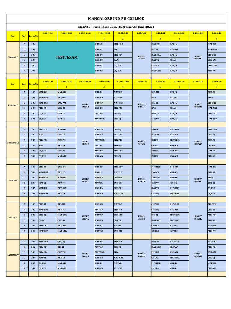 I PU Science Time Table 2025-26 | PDF