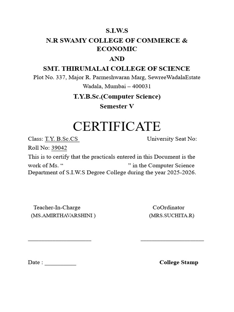 T.Y.B.Sc. CS Practical Certificate 2025 | PDF