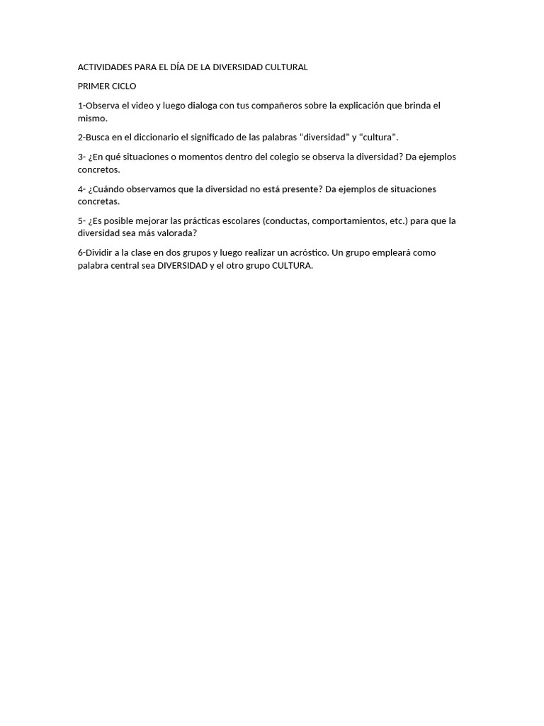 Actividades para El Día de La Diversidad Cultural | PDF