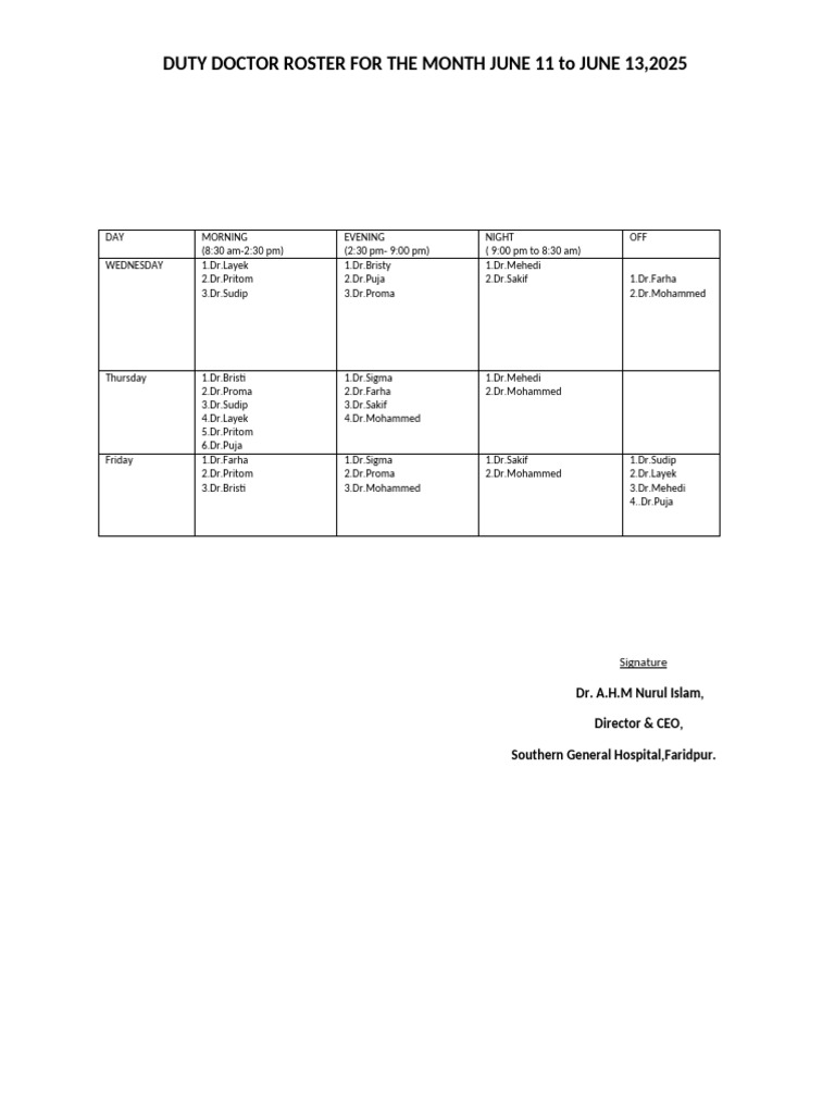 June 2025 Duty Doctor Roster | PDF