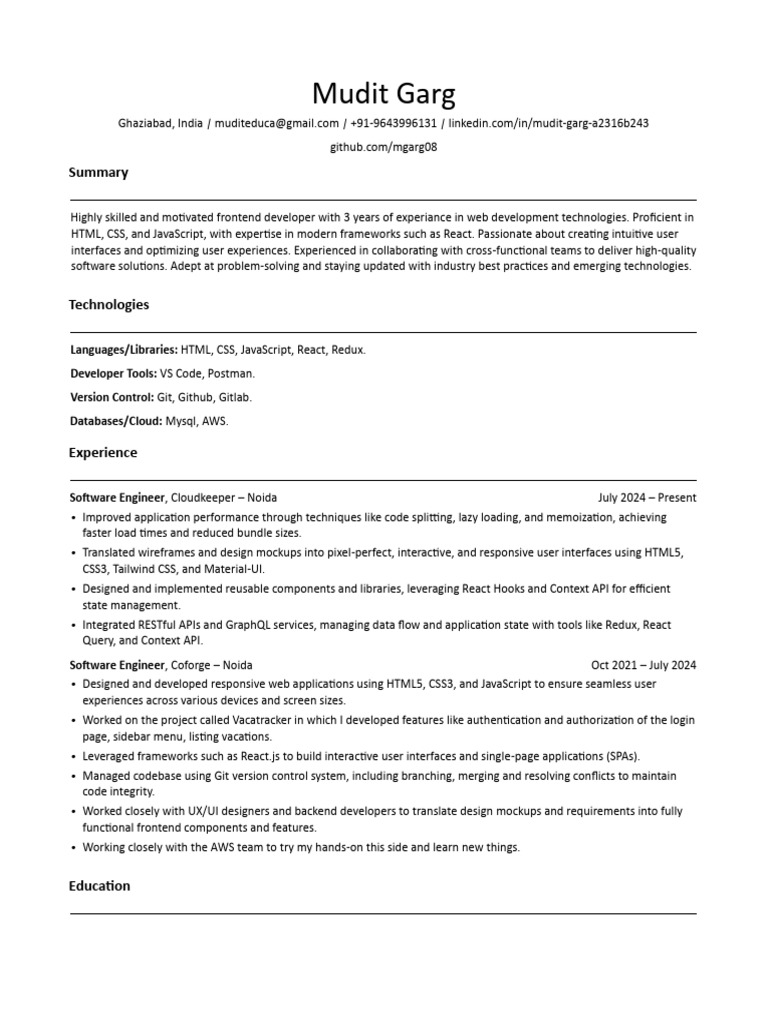 Frontend Developer Resume - Mudit Garg | PDF | World Wide Web ...