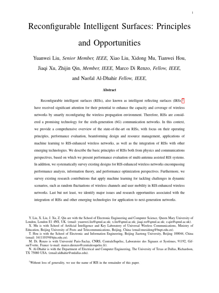 Reconfigurable Intelligent Surfaces: Principles and Opportunities | PDF ...