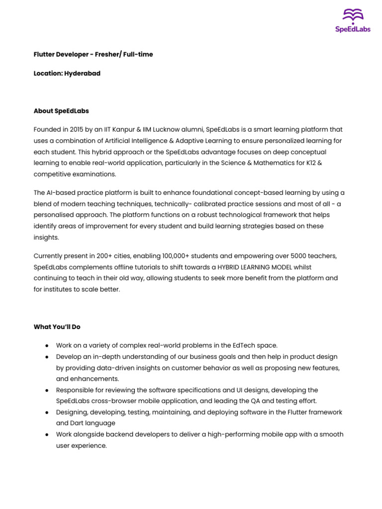 Jd Flutter Developer Fresher Pdf Mobile App Information