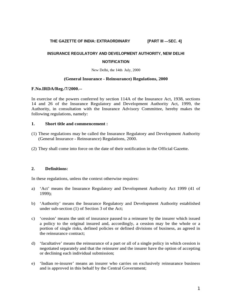 General Insurance Reinsurance Regulations 2000 | PDF | Reinsurance ...
