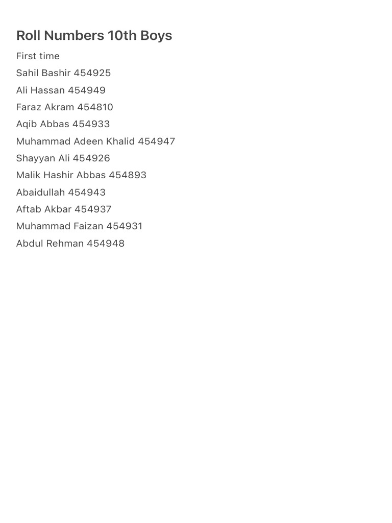10th Grade Roll Numbers List | PDF