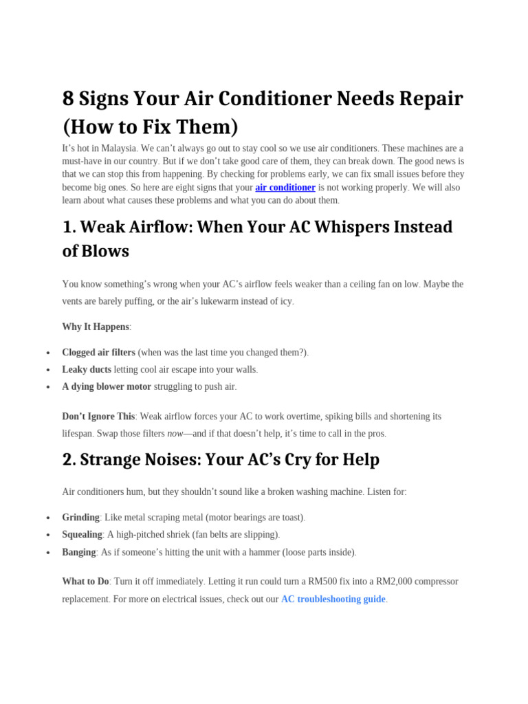 8 Signs Your Air Conditioner Needs Repair | PDF | Equipment ...