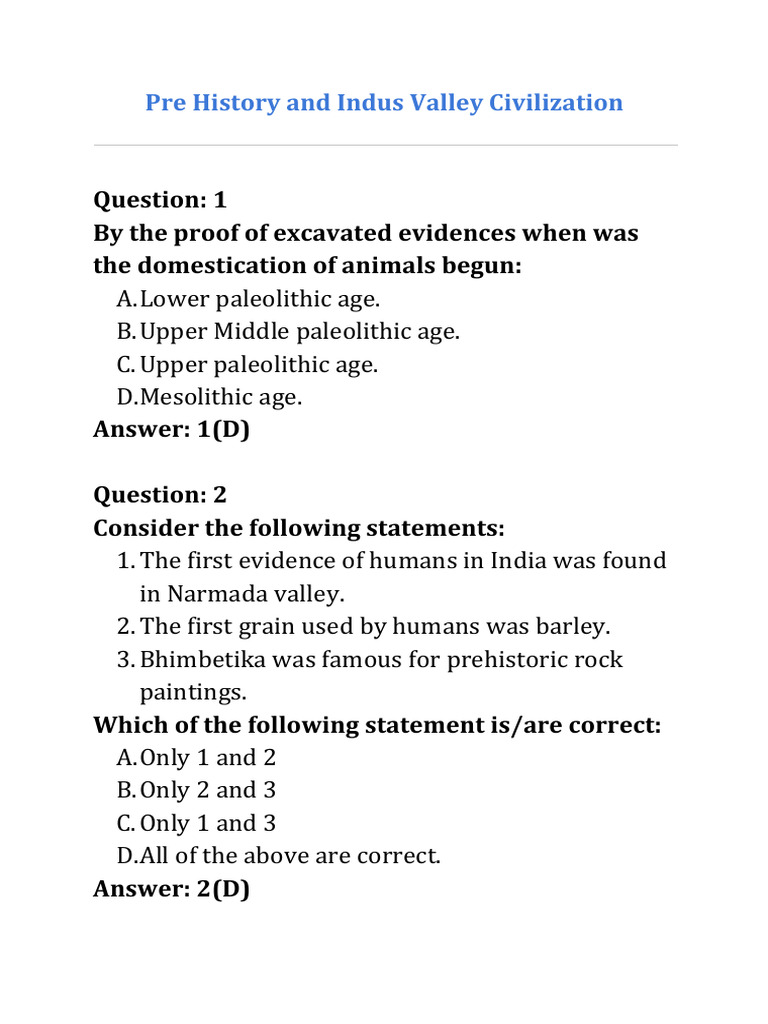 Pre History and IVC Practice Questios | PDF | Archaeology