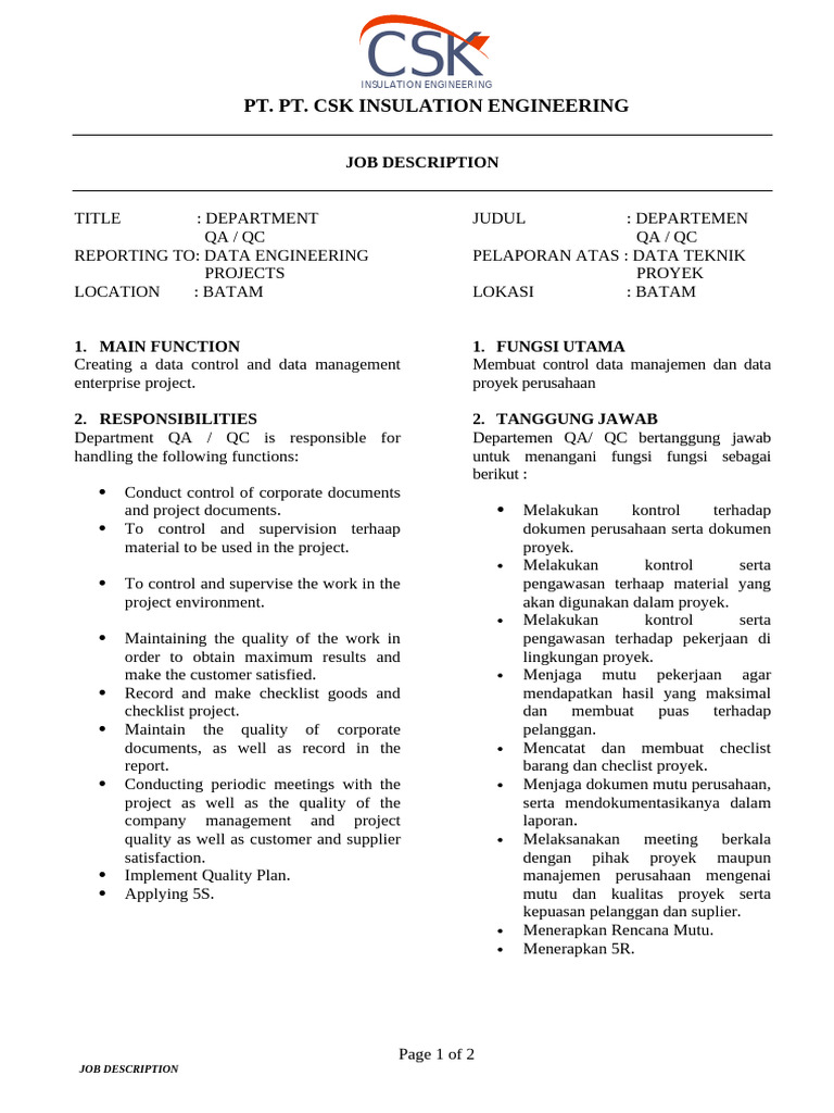 Job Description Dept Qa, QC | PDF
