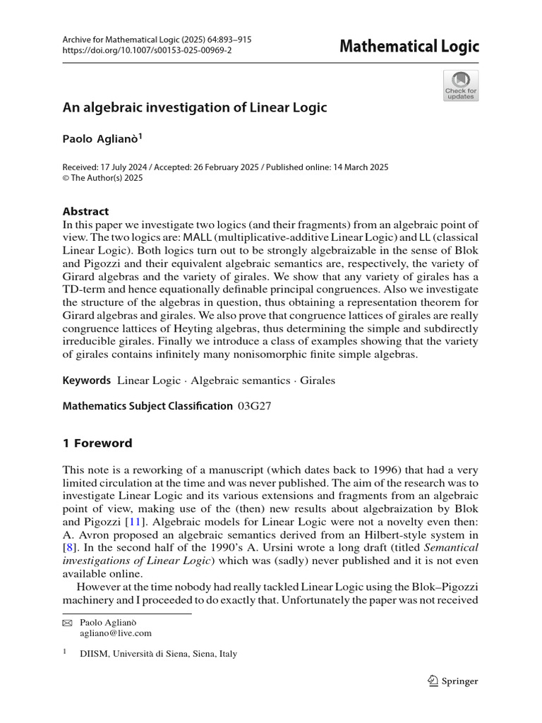 An Algebraic Investigation of Linear Logic | PDF | Mathematical Logic ...
