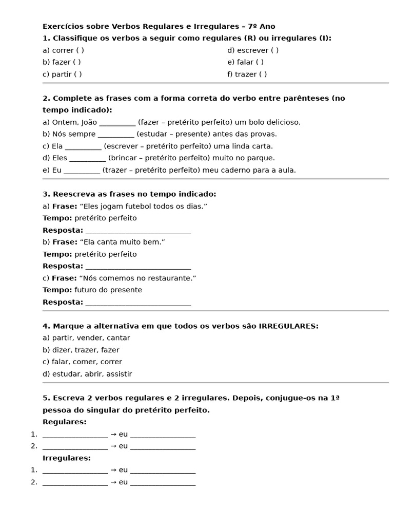 Exercícios de Verbos: Regulares e Irregulares | PDF