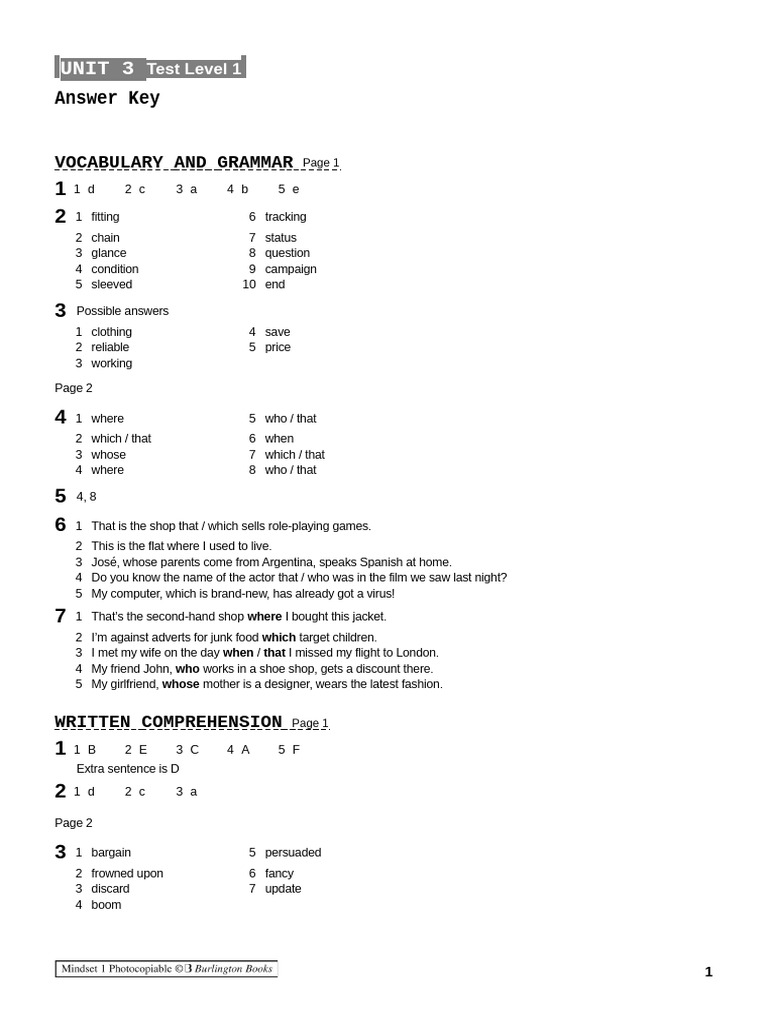 Unit 3 Level 1 Test Answer Key | PDF | Grammar | Linguistics