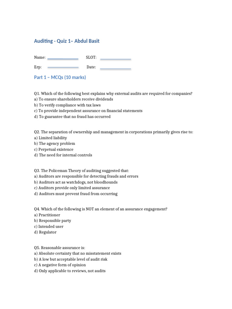 Auditing Quiz Student | PDF