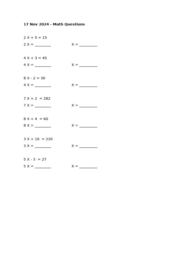 Math Equations Practice Worksheet | PDF