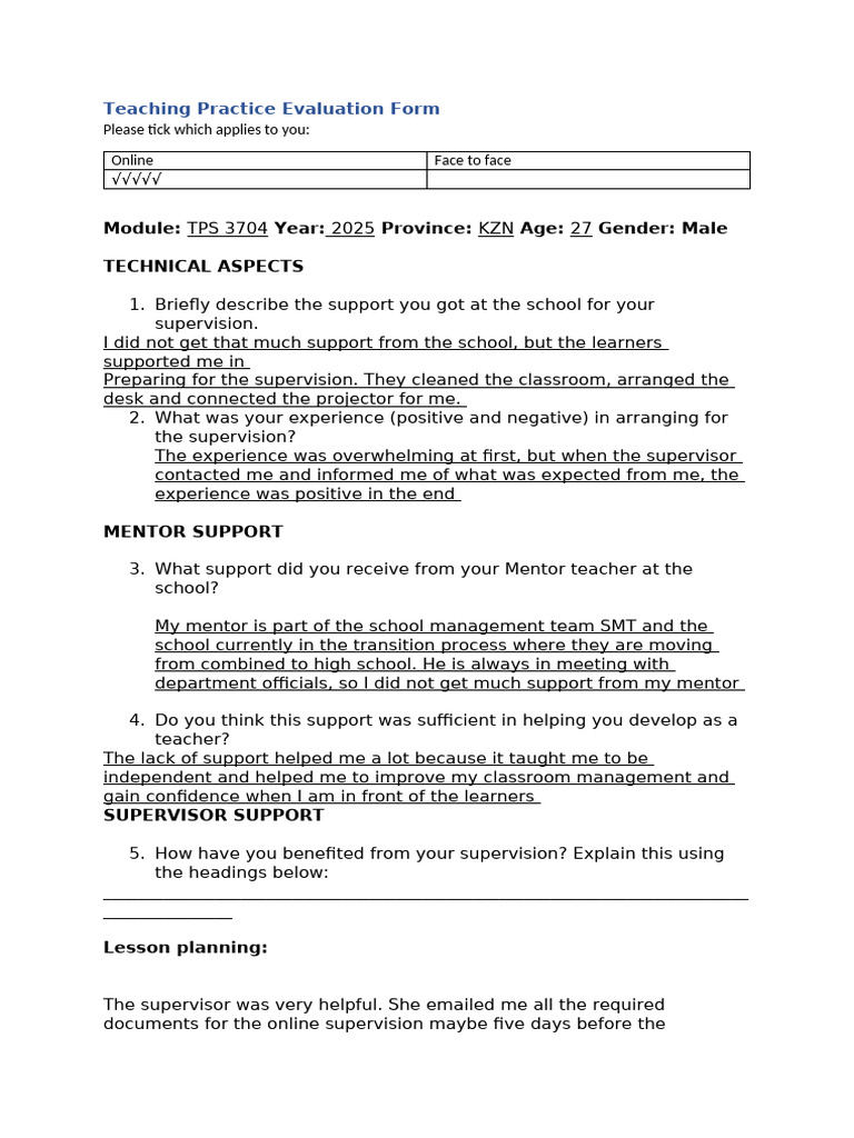 Teaching Practice Evaluation Form | PDF | Mentorship | Classroom