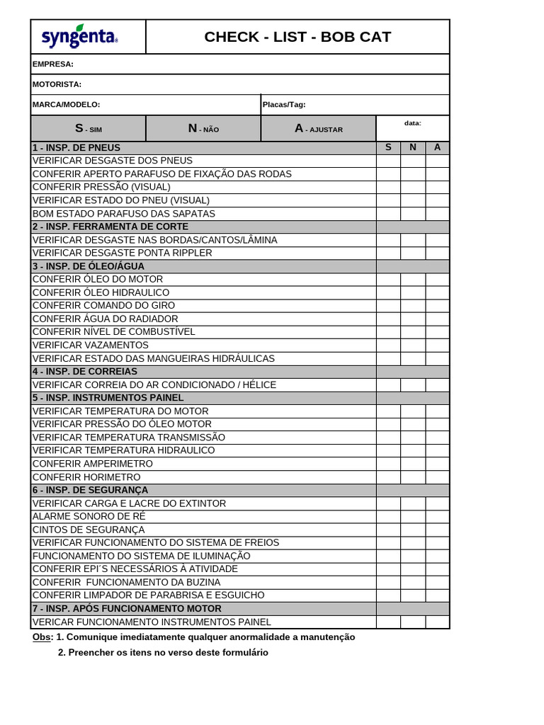 Checklist de Inspeção Bob Cat | PDF