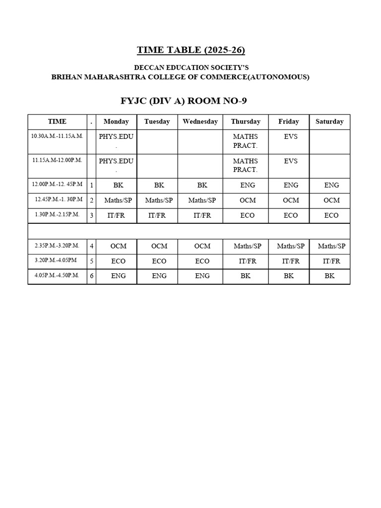 FYJC 2025-26 Timetable Overview | PDF