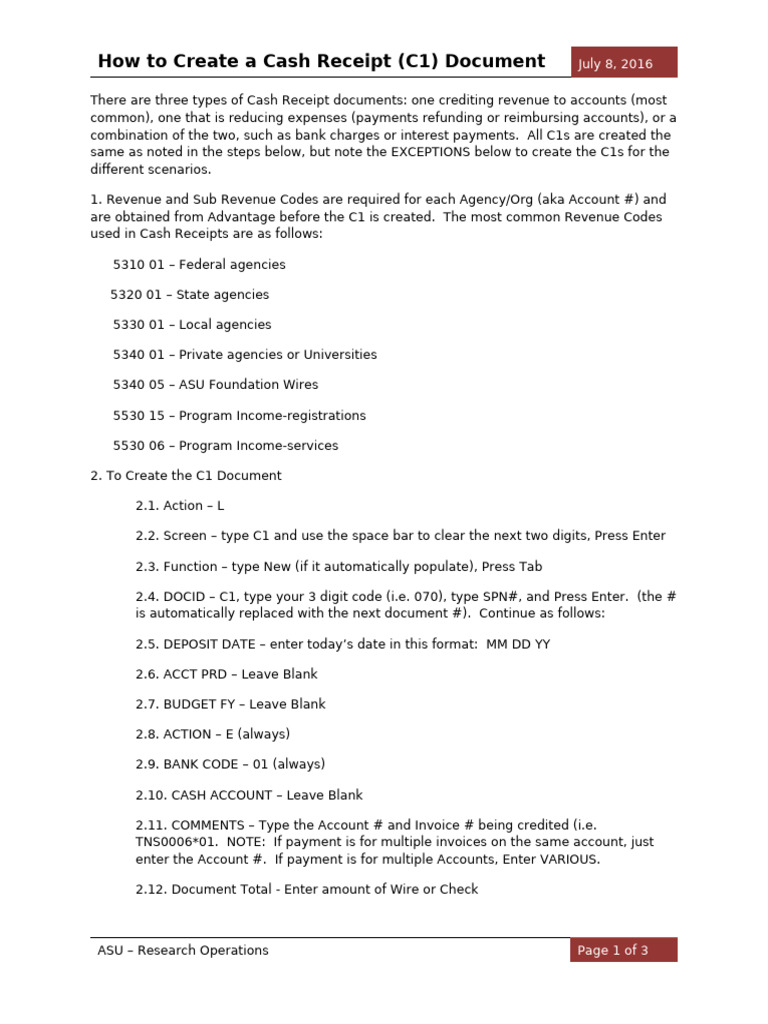 How To Create A Cash Receipt C1 Document | PDF | Receipt | Payments