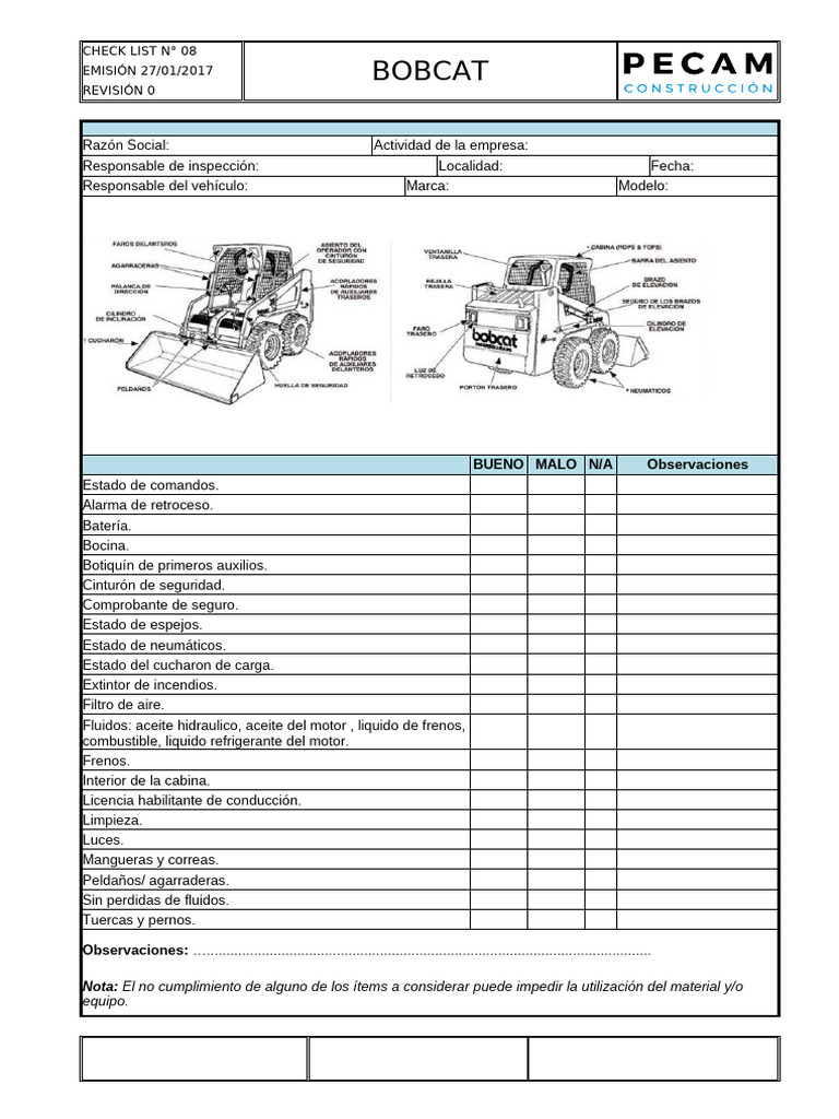 Check List de Inspección Bobcat 2017 | PDF