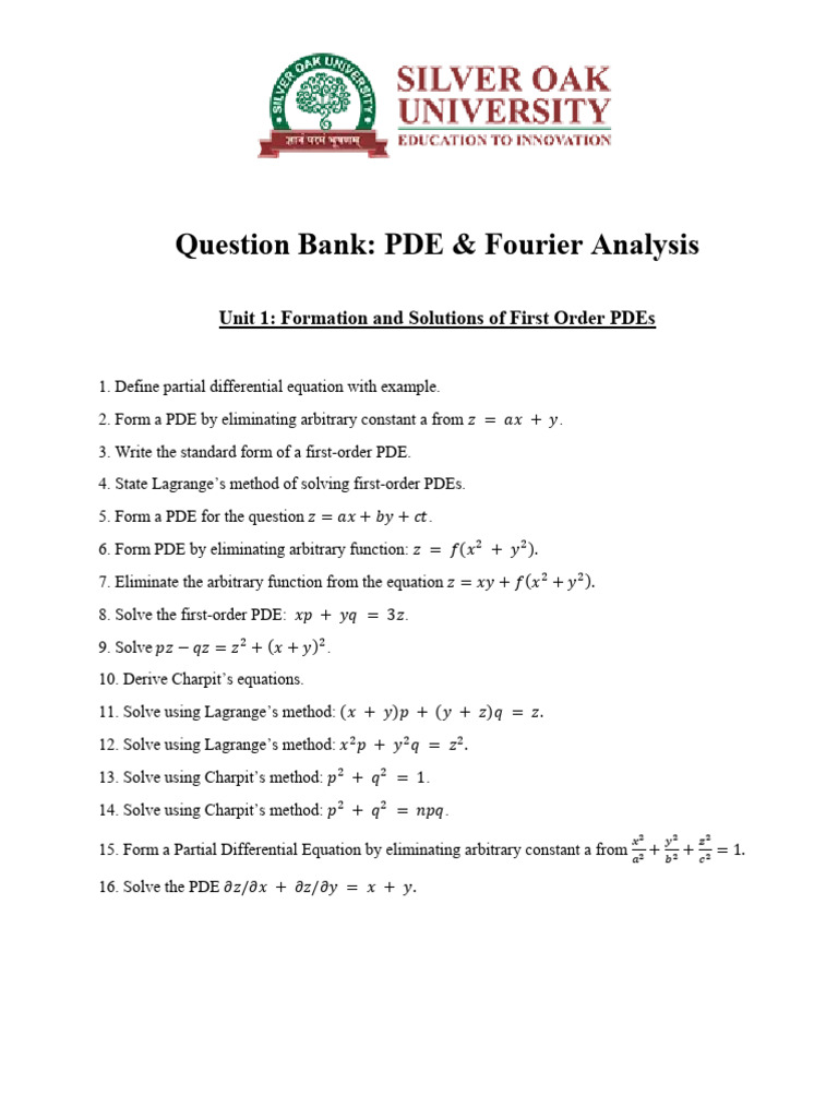 PDE and Fourier Analysis Question Bank | PDF | Partial Differential ...
