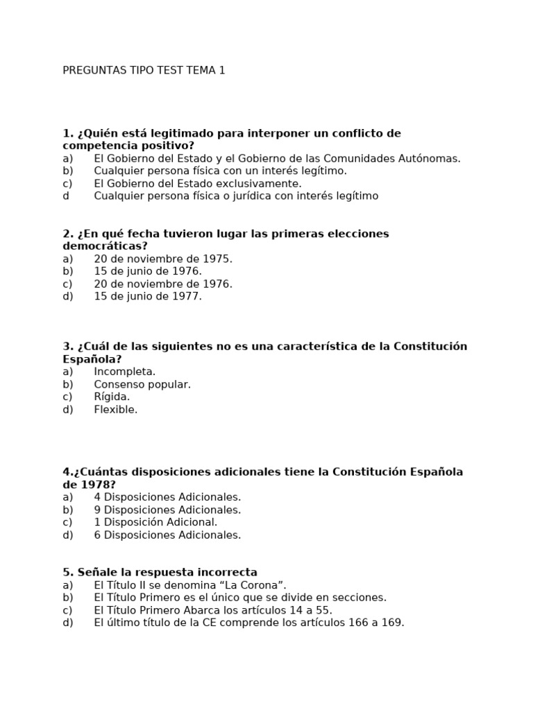 Preguntas Tipo Test Tema 1 | PDF | Gobierno | Gobernancia