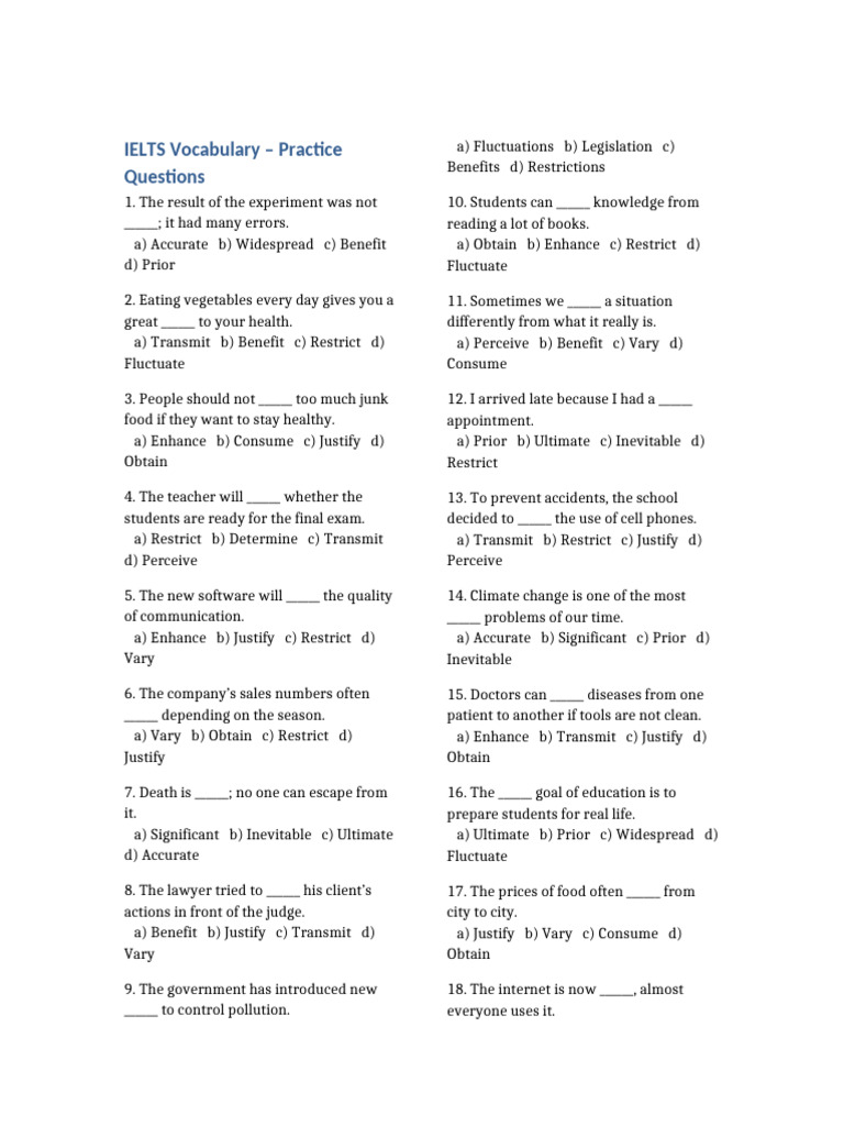 IELTS Vocabulary Practice Questions | PDF
