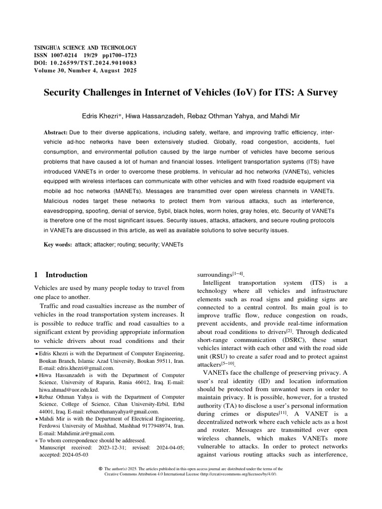 Security Challenges in Internet of Vehicles IoV For ITS A Survey | PDF ...