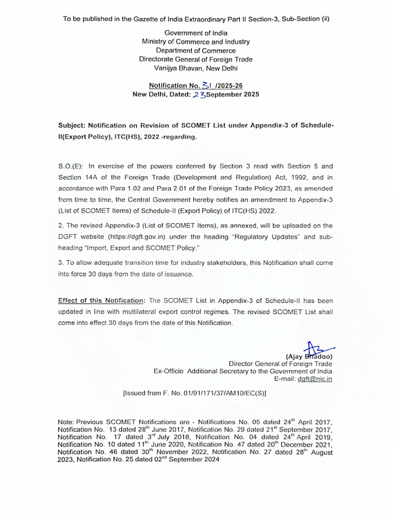 Notification 31 2025-2026 Updation in Scomet List | PDF