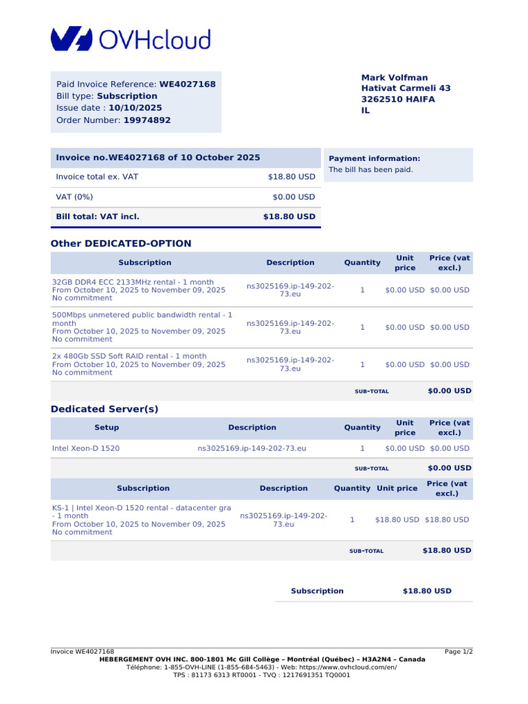 Invoice WE4027168 - OVH Subscription | PDF | Invoice