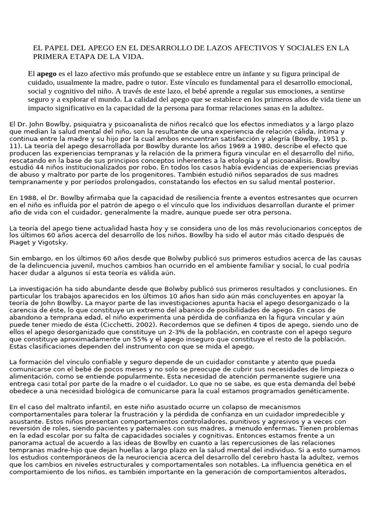 El Papel Del Apego en El Desarrollo de Lazos Afectivos y Sociales en La ...