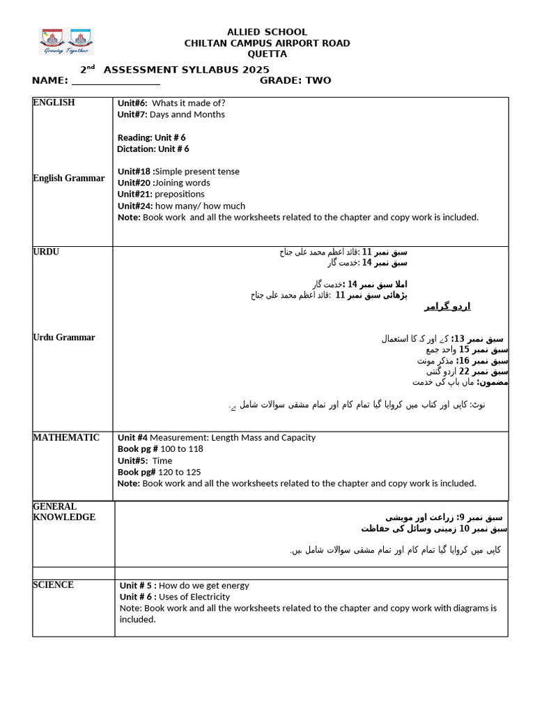 Grade 2 2nd Assessment Syllabus 2025 | PDF