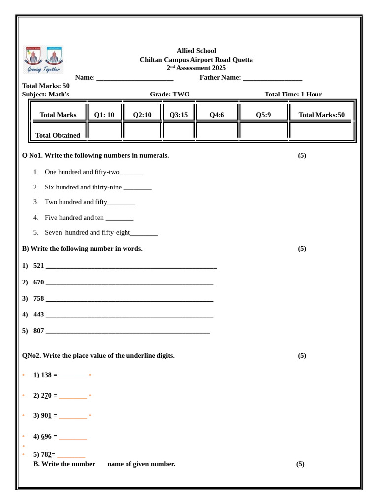Grade 2 Mathe Paper | PDF