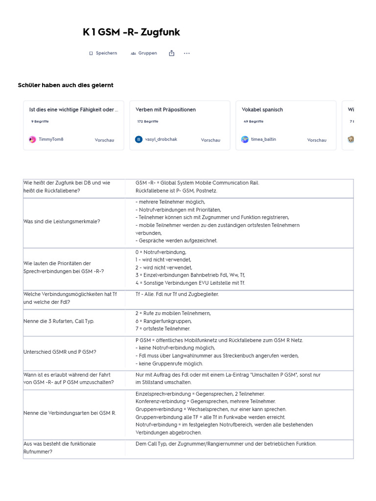 K 1 GSM - R - Zugfunk-Karteikarten - Quizlet | PDF