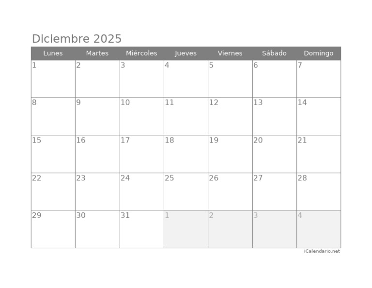 Calendario Diciembre 2025 en Blanco y Negro | PDF