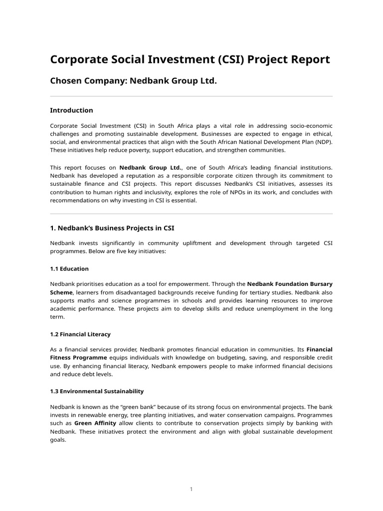 Nedbank's Impactful CSI Initiatives | PDF | Sustainability | Nonprofit ...