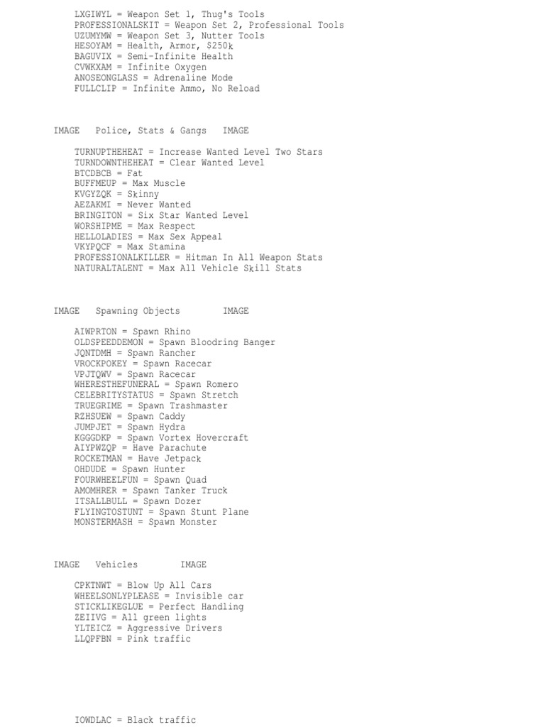 GTA San Andreas Cheat Codes, PDF, Leisure