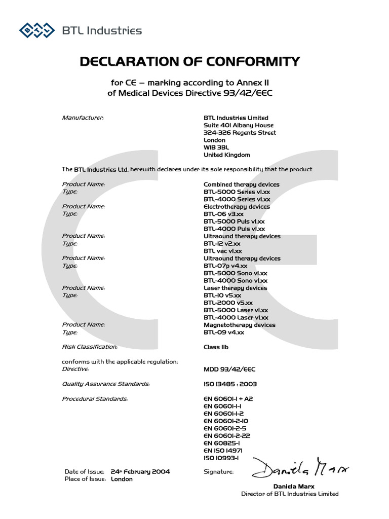 CE Marking Declaration for BTL Devices | PDF | Equipment | Health Care