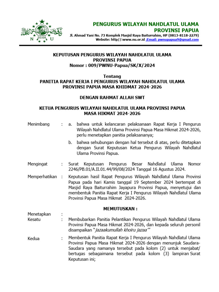Panitia Raker I PWNU Papua 2024-2026 | PDF