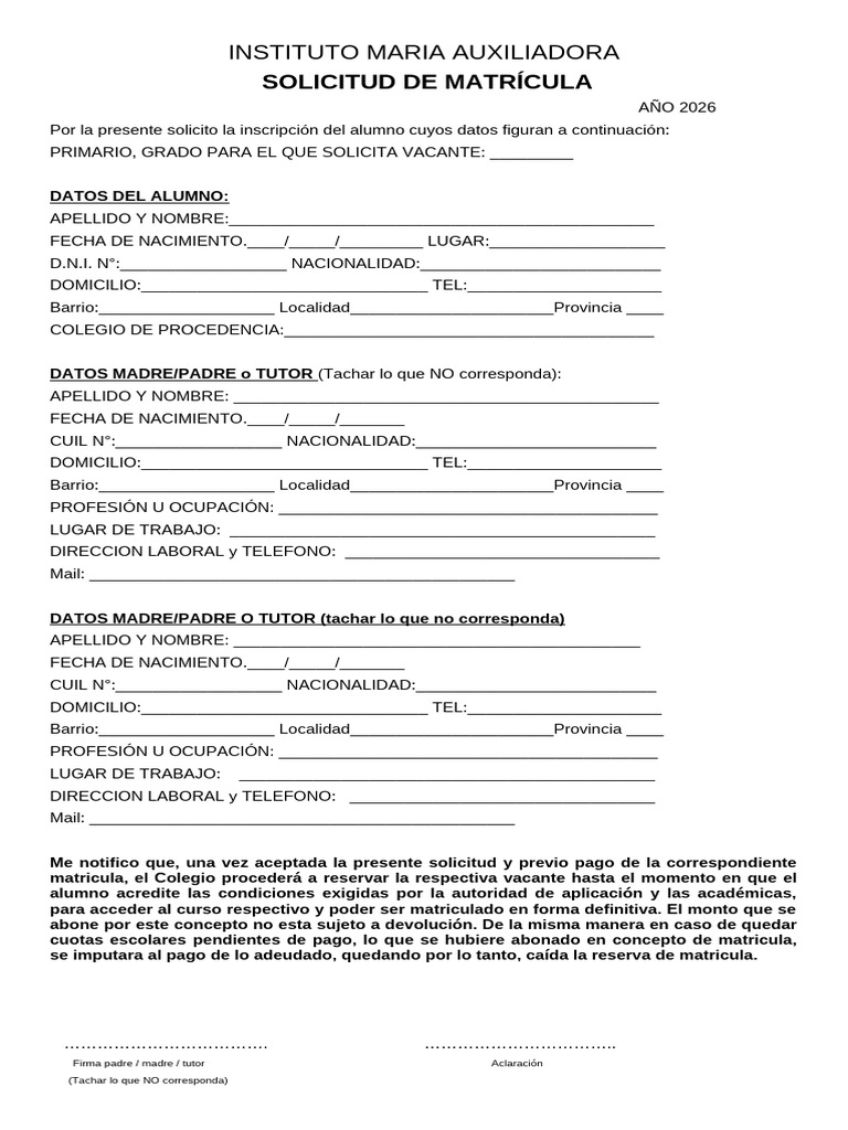 Solicitud de Matrícula 2026 Instituto María Auxiliadora | PDF