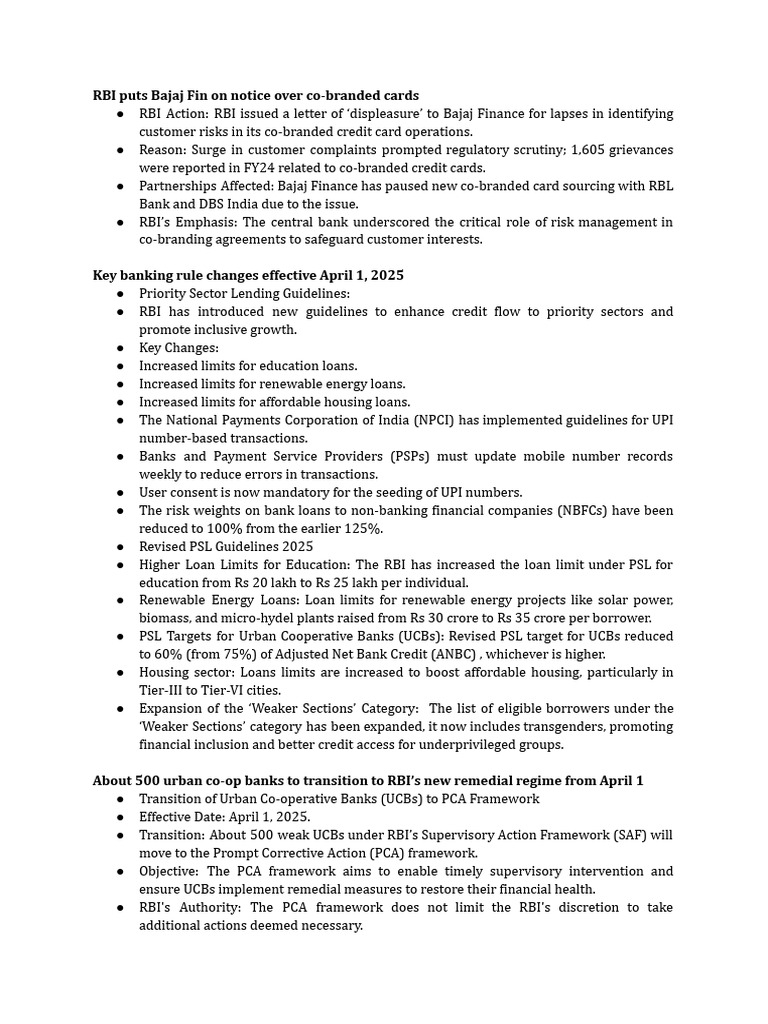 RBI Actions and New Banking Regulations 2025 | PDF | Reserve Bank Of ...