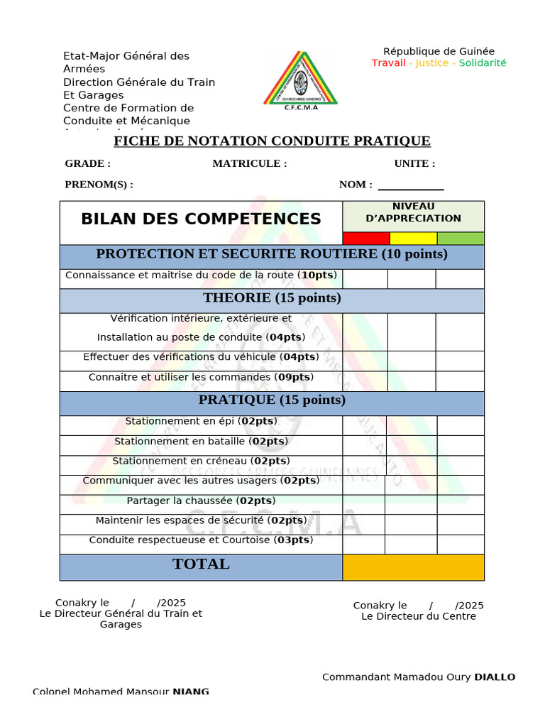 Fiche de Notation Conduite Pratique | PDF