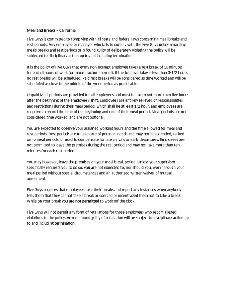 Meal and Breaks - California Policy | PDF