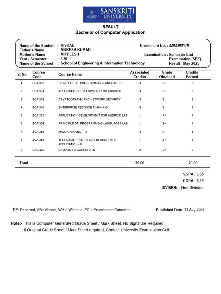 BCA Semester End Result May 2025 | PDF | Computing