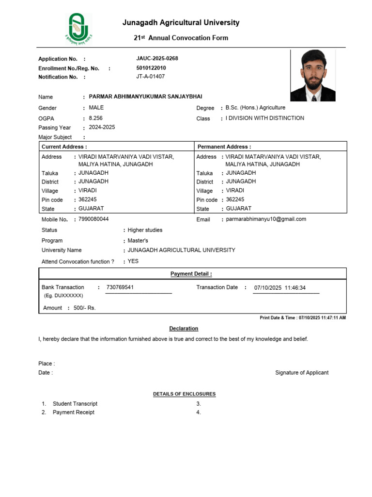 B.Sc. Agriculture Convocation Form 2025 | PDF