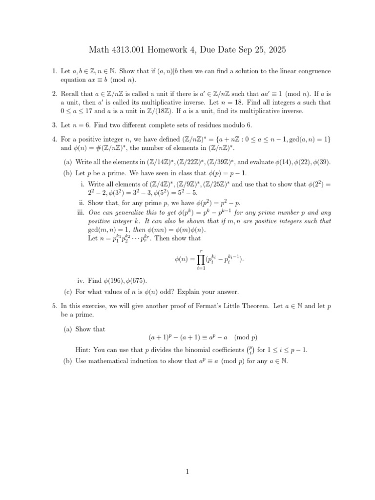 Math 4313.001 Homework 4, Due Date Sep 25, 2025 | PDF