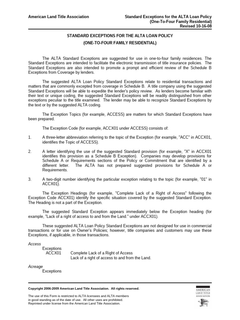 ALTA Loan Policy Standard Exceptions | PDF | Mortgage Law | Lease