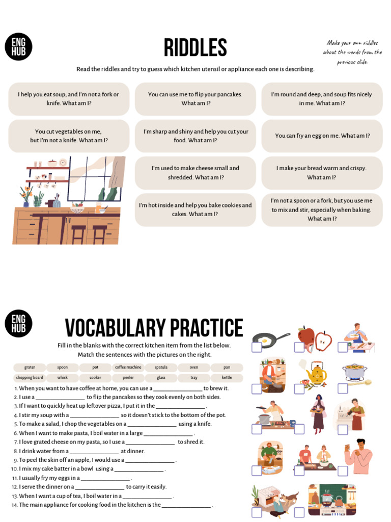 Kitchen Utensil Riddles and Vocabulary | PDF | Pancake | Cakes