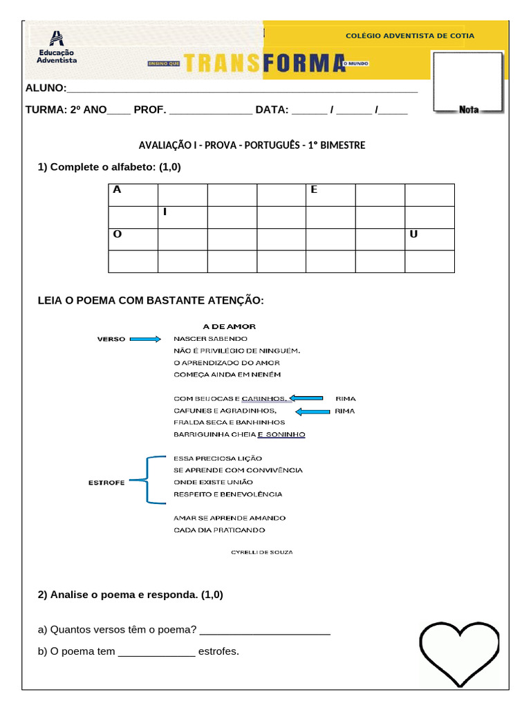 Prova de Português 2º Ano - 1º Bimestre | PDF