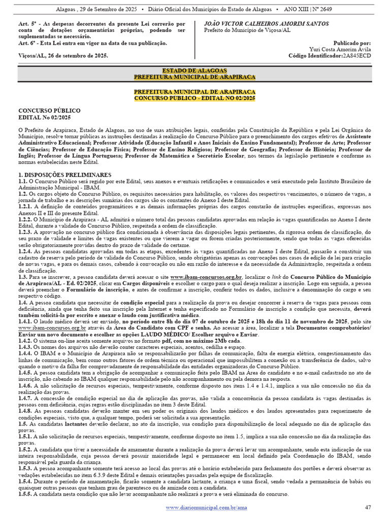 Edital Concurso Público Arapiraca 2025 | PDF | Internet | Aplicativo ...