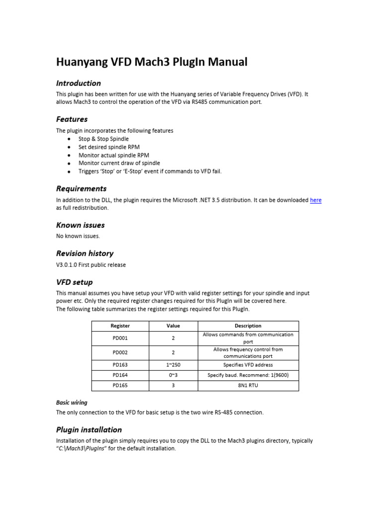 Huanyang VFD Mach3 Plugin Guide | PDF | Computer Science | System Software