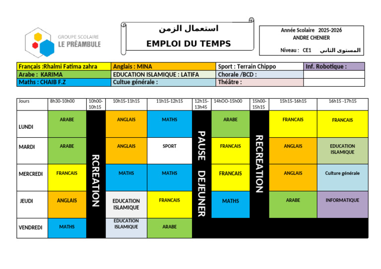 Emploi du temps CE1 2025-2026 | PDF